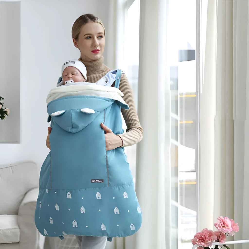 Baby carrier cloak cover windproof quilt coral fleece 78x64cm with detachable hood and reflective tape in Blue