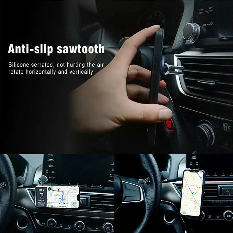 Universal car air vent phone holder with 360 degree rotation, zinc alloy gear, and silicone clip, in black finish