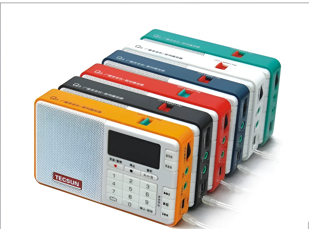 Tecsun Q3 digital audio player in multiple colours showing front display and buttons