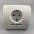 White smart home dual USB wall charger adapter with EU power socket and LED indicator on a panel