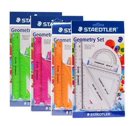 Four-piece plastic ruler set with 15cm ruler, triangles and protractor in transparent and neon colours