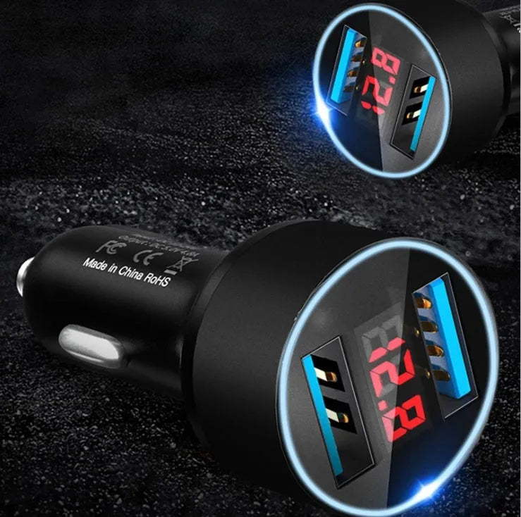 Dual USB car charger with display and aluminium alloy ring, available in five colours