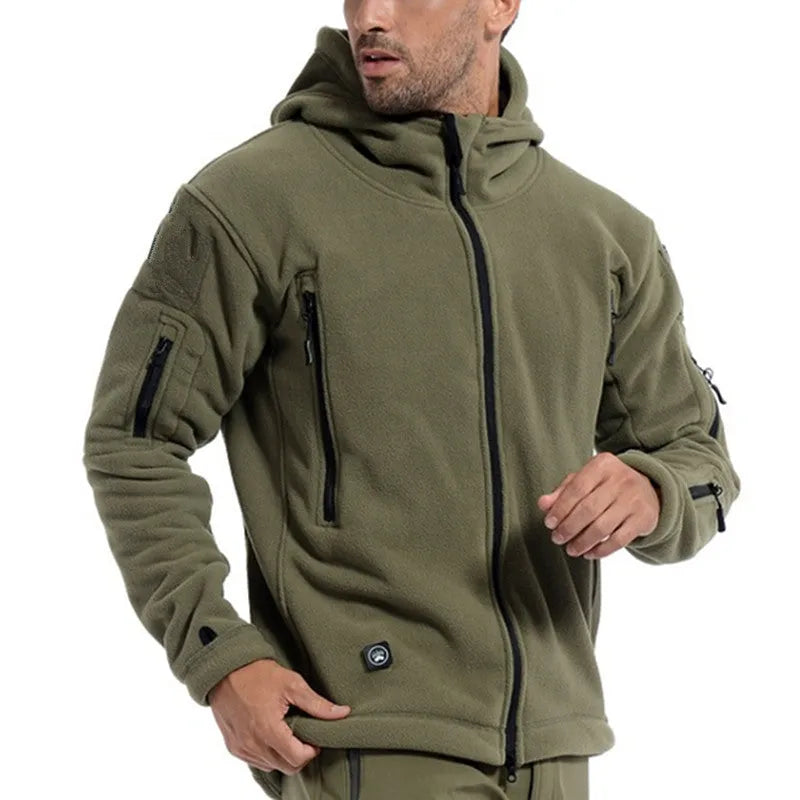 Men's military tactical jacket in Army Green with warm hood, soft shell fabric for outdoor hiking and sports