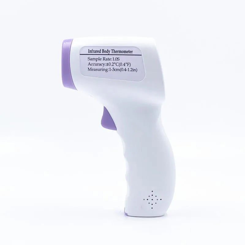 White handheld digital non-contact thermometer on a plain background.