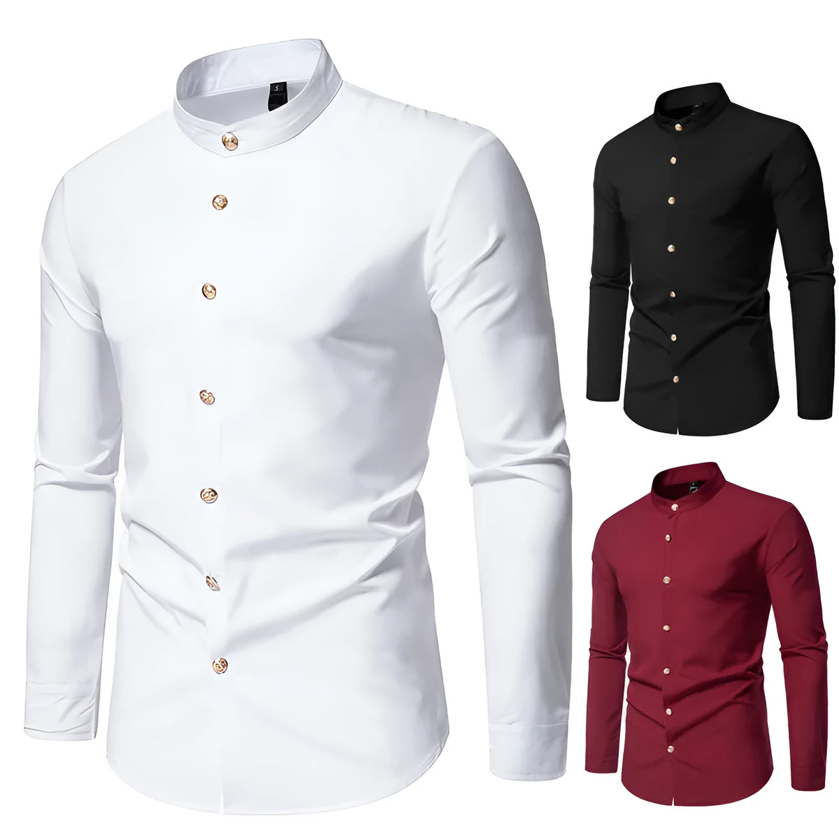 Men's solid colour party shirt with metal buttons, long sleeves, regular fit, in black white wine red