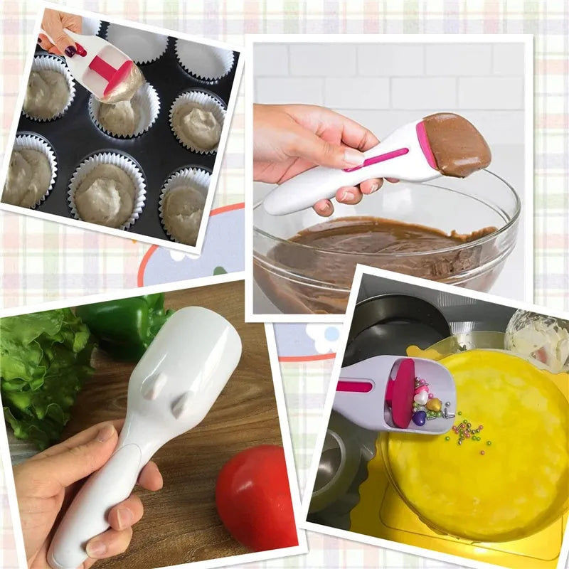 Photo-colour cake batter scoop with push lever on handle, 19.5 cm long, on white background