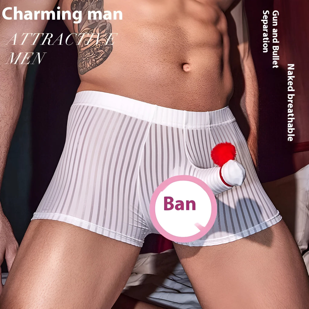 Men's vertical stripes boxer briefs in breathable nylon fabric showing black, white, and dark grey colour options