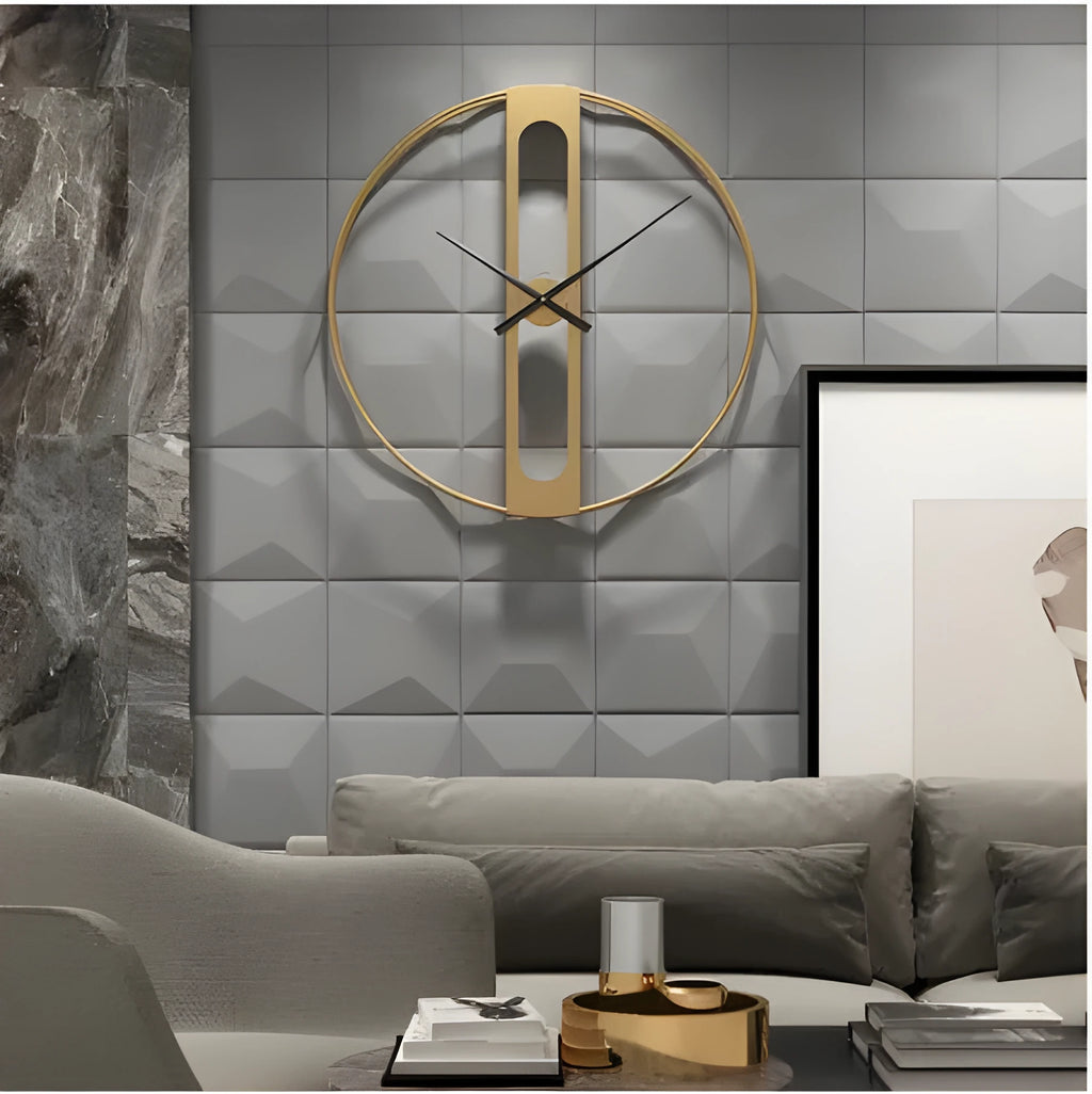 50 cm round metal wall clock on a wall in black and gold colour options