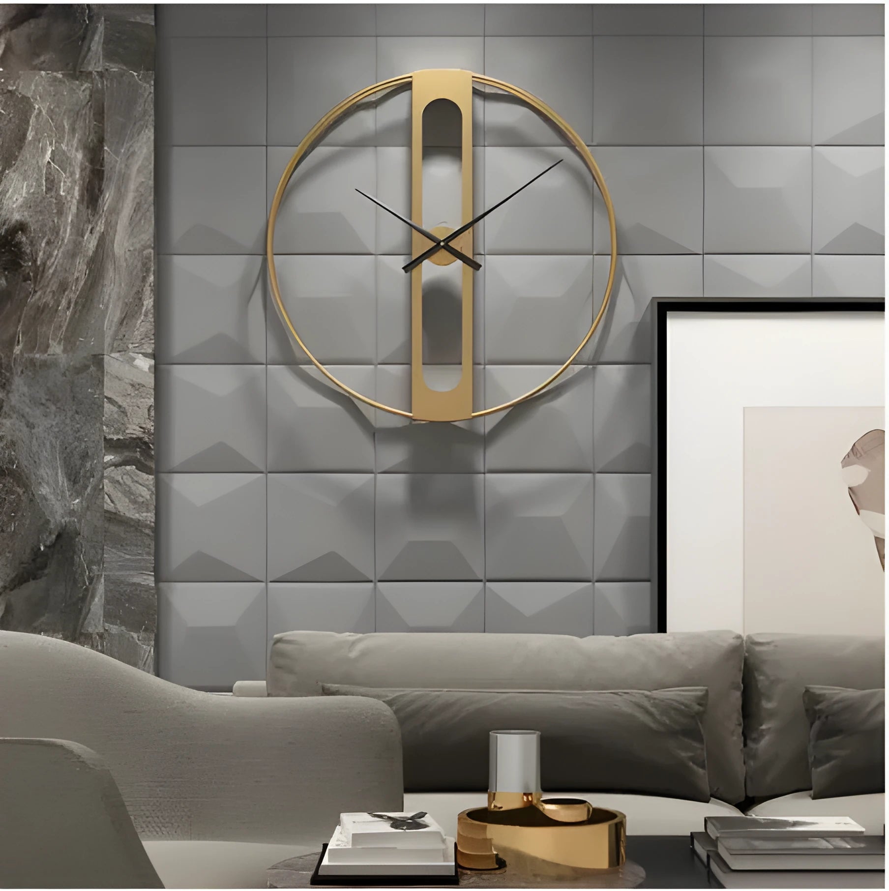 50 cm round metal wall clock on a wall in black and gold colour options