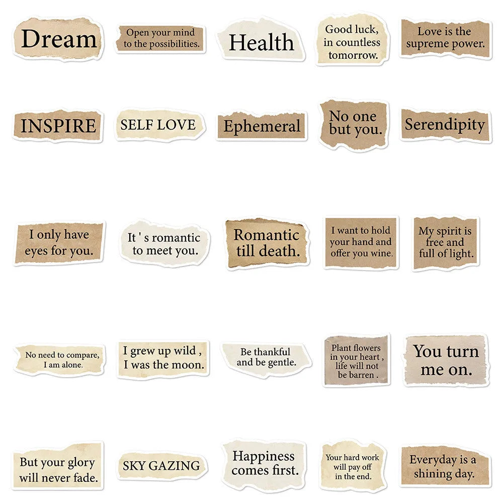 25 waterproof PVC decorative stickers with torn English text design in sizes from 4cm to 7cm