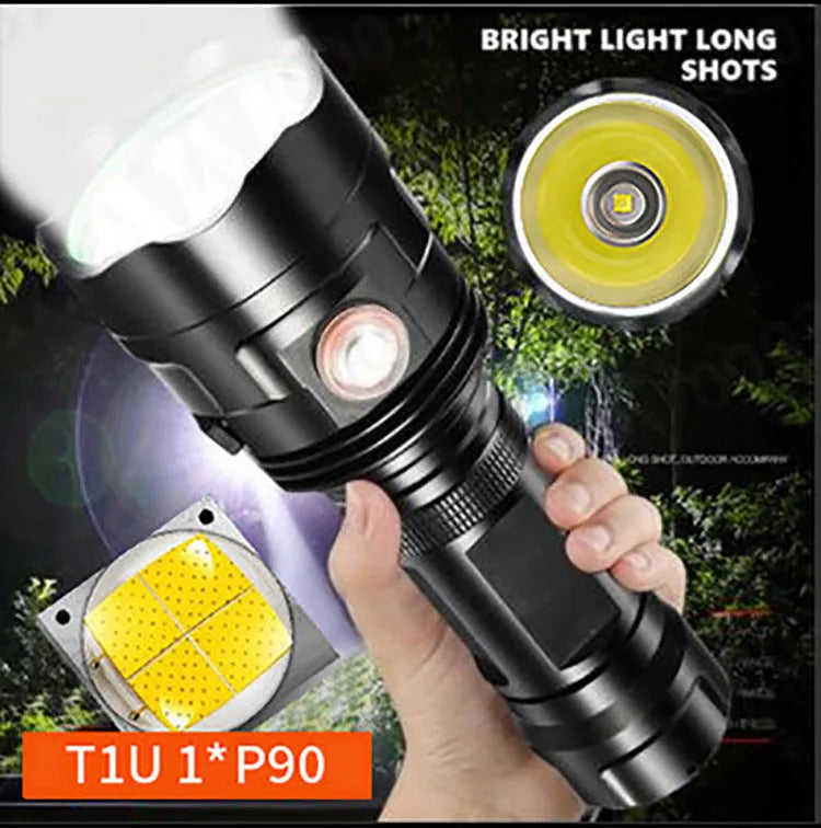 Black aluminium alloy LED flashlight with large head, shown with USB cable and yellow packaging box.