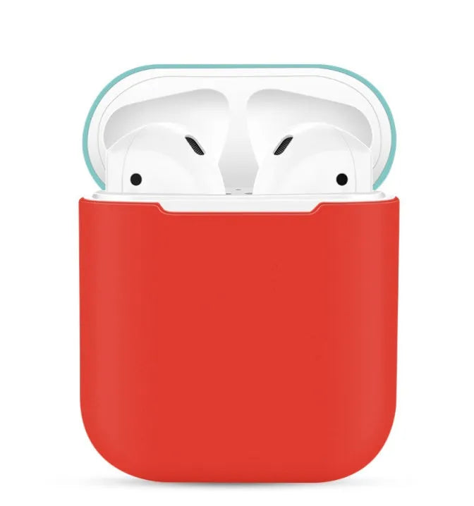 Silicone protective case cover for Apple AirPods charging box in split design, shown in multiple colour options.