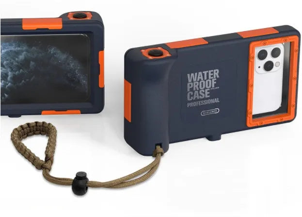 Orange universal waterproof phone case with transparent PC showing compatible iPhone and Samsung models