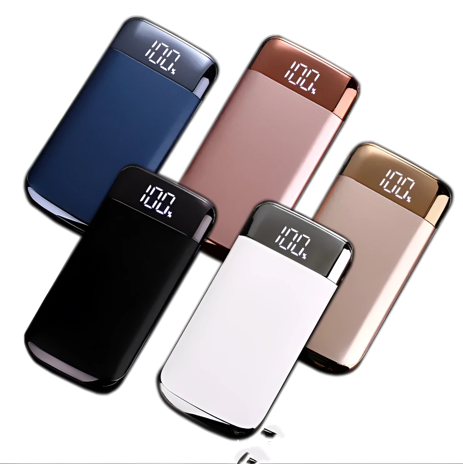 Square aluminium alloy power bank with digital display in pink, black, white, gold, and blue colours.