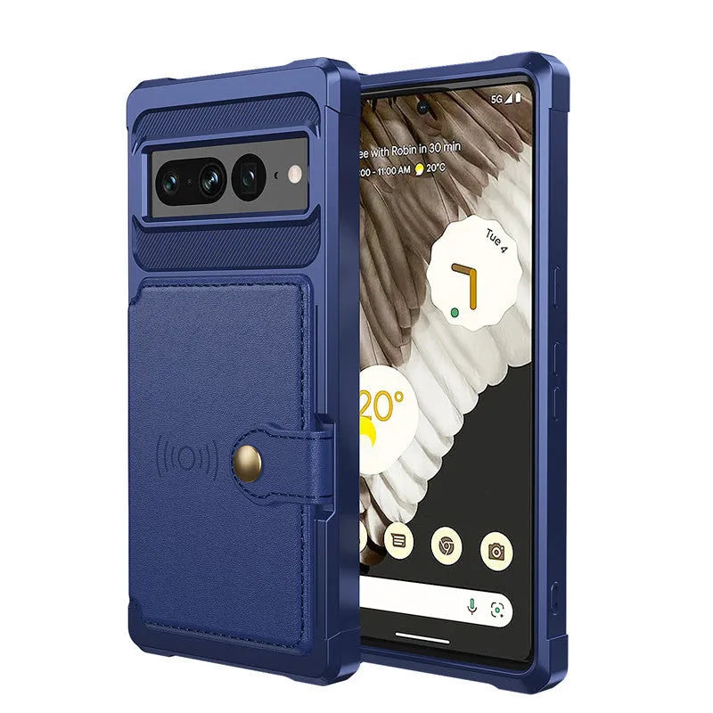 Google Pixel 7 card holder wallet case with magnetic closure in black, blue, cyan, purple, red, rose gold