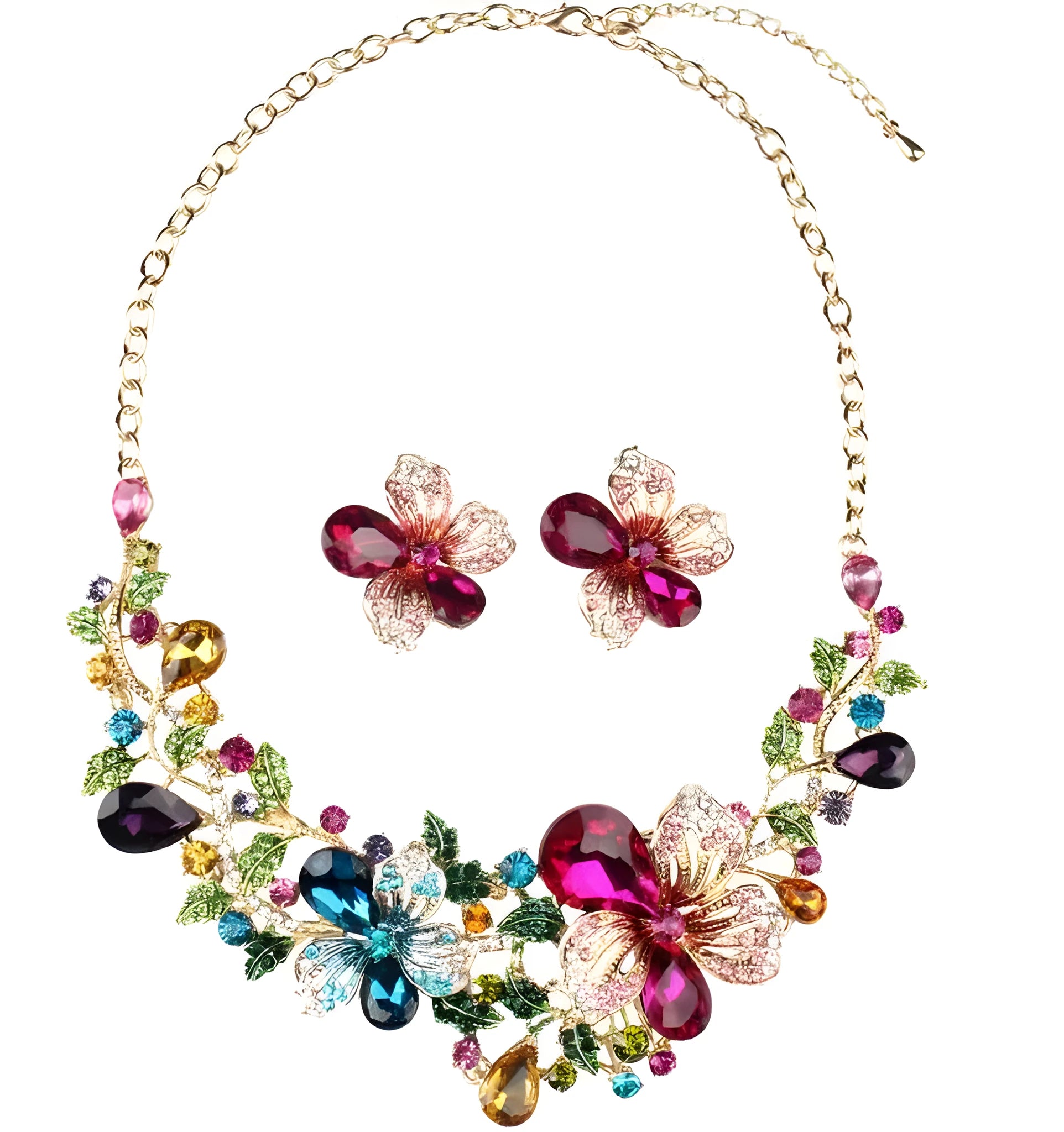 Crystal exaggeration chain necklace with gold-tone finish and faceted crystal links on a white background