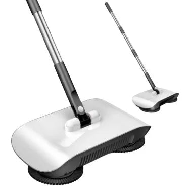 Pink hand push sweeper with rotating brush and mop attachment on tiled floor