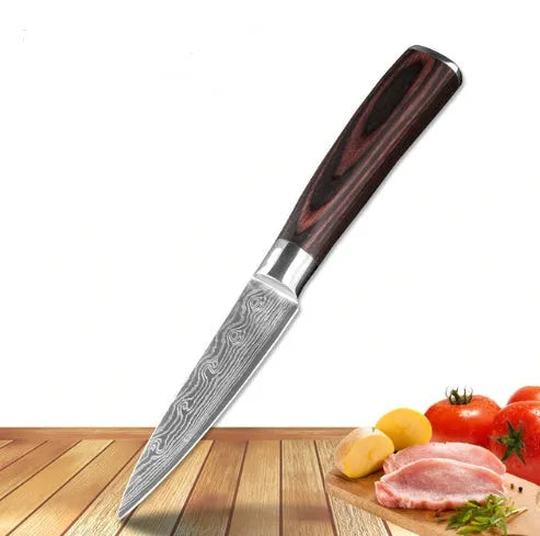 7Cr17 stainless steel chef knife with 18cm blade, laser Damascus pattern, and coloured wood handle