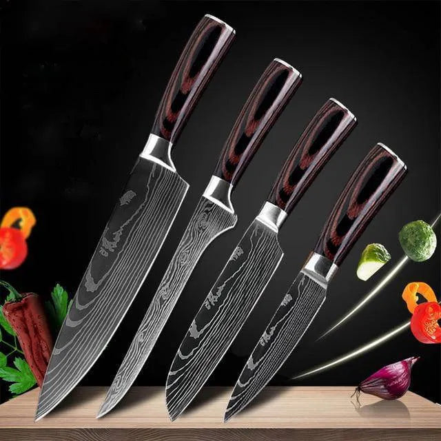 7Cr17 stainless steel chef knife with 18cm blade, laser Damascus pattern, and coloured wood handle