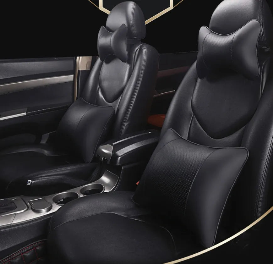 Breathable car headrest with leather cover, down yarn filling, and classic punched ventilation pattern