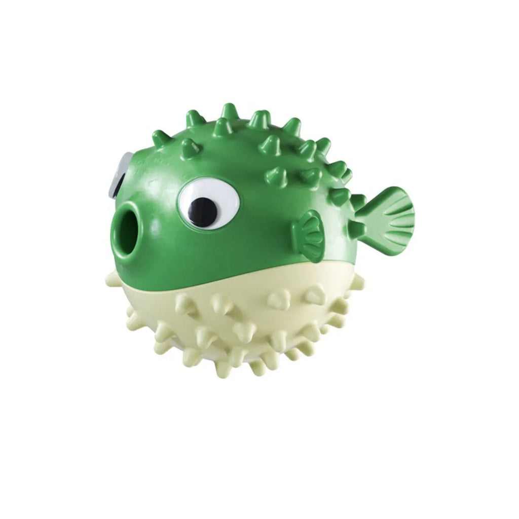 Yellow vinyl fish-shaped dog chew toy with textured surface for tough chewing and dental care.