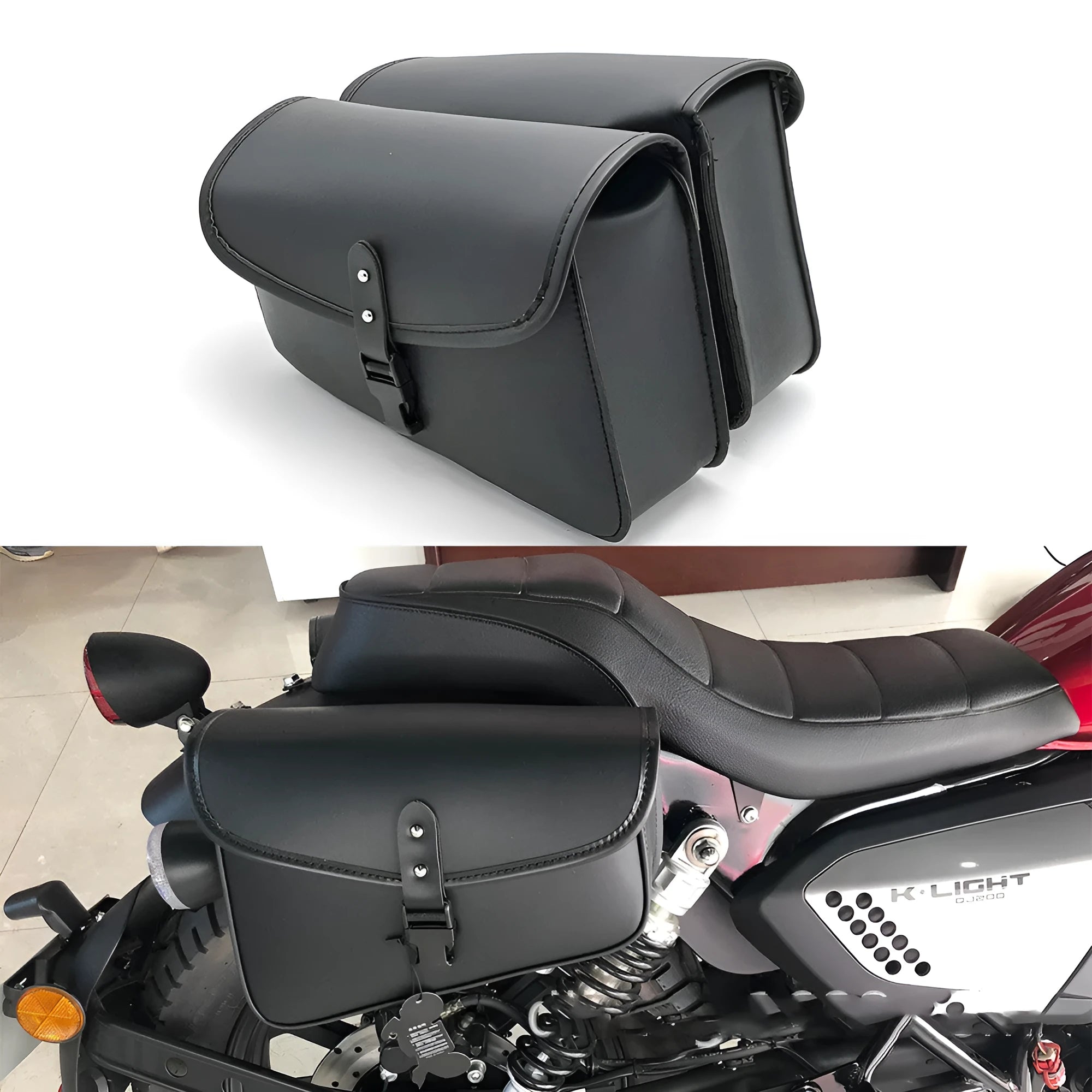 Black PU leather motorcycle swingarm storage bag mounted on Harley-Davidson Sportster showing 30x24x20cm dimensions
