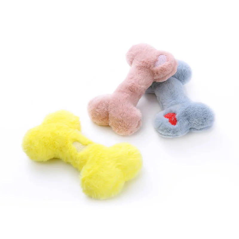 Blue bone-shaped plush dog toy with squeaker for interactive play and chewing.