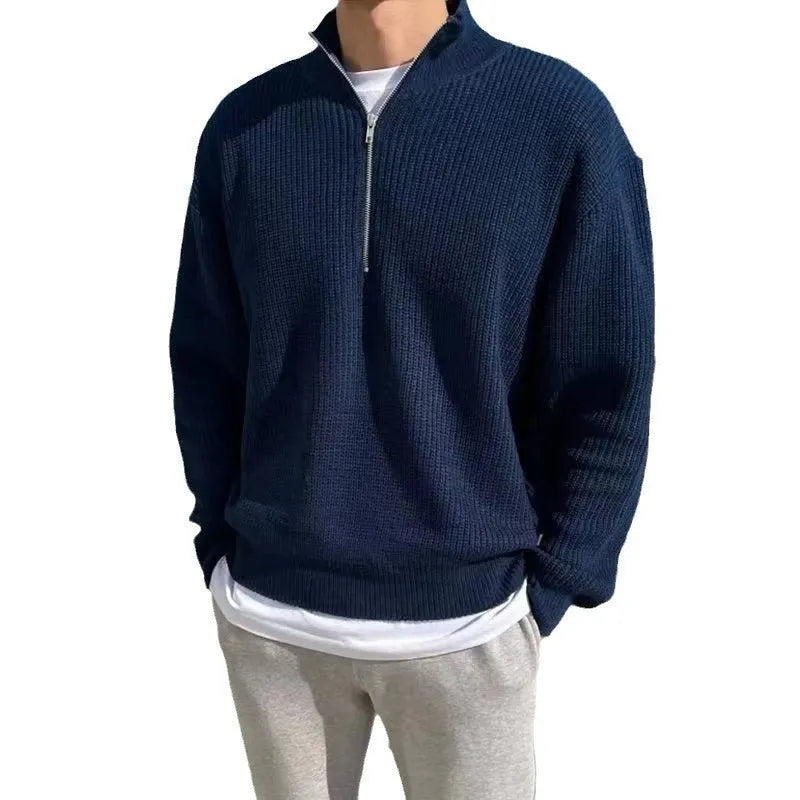Men's loose fit half zip pullover sweater in black polyester blend long sleeves casual spring autumn top