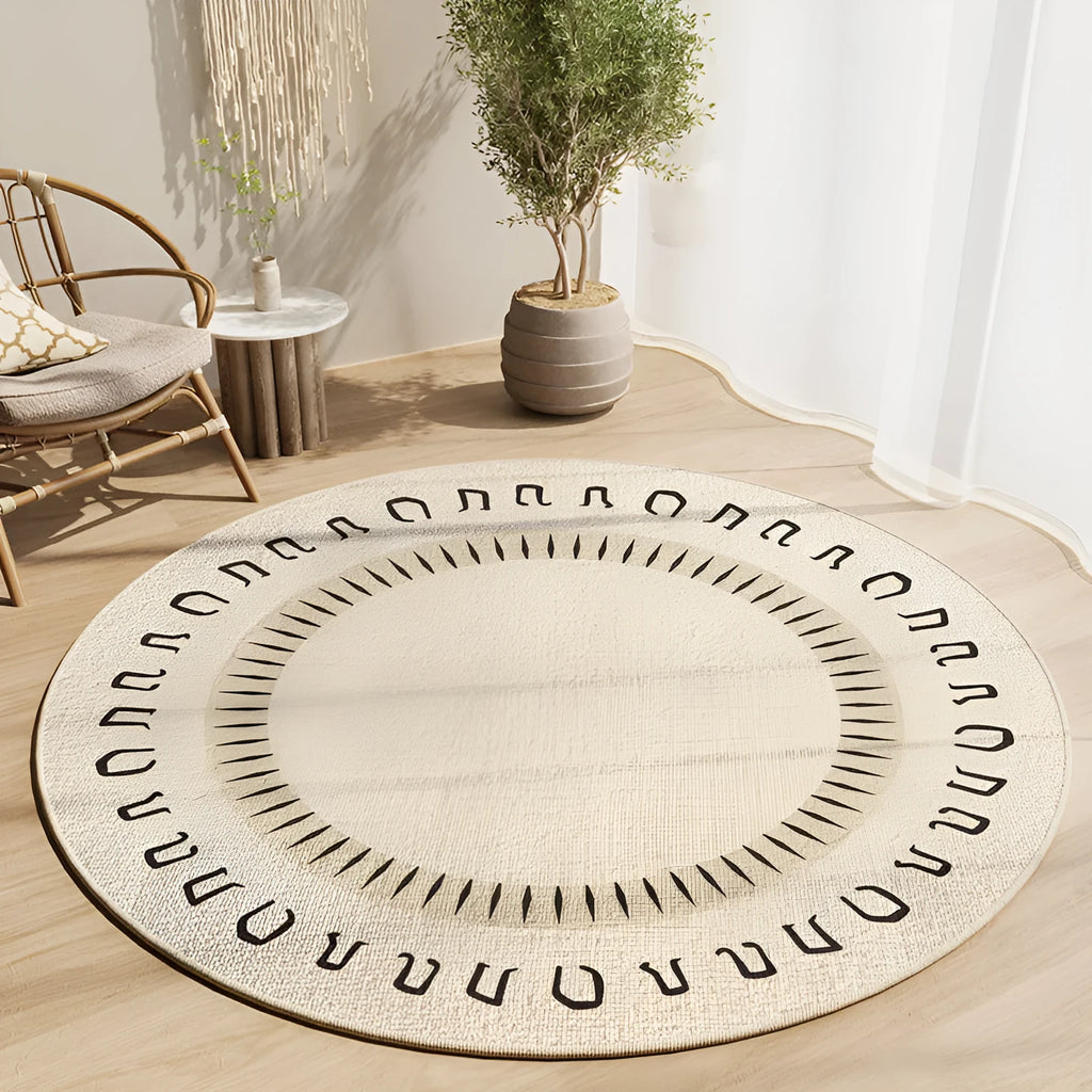Simple round carpet in modern geometric pattern on floor under desk with swivel chair