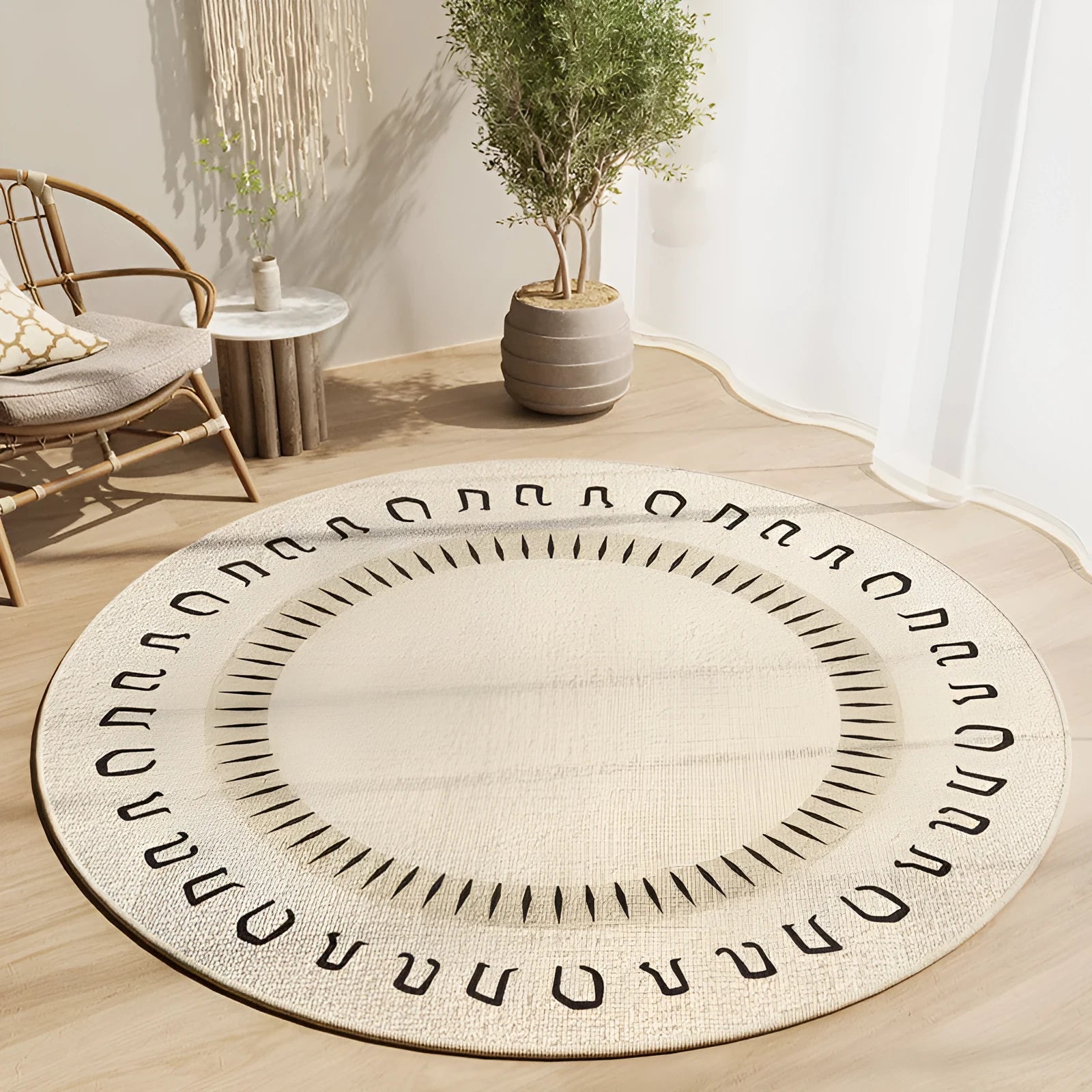 Simple round carpet in modern geometric pattern on floor under desk with swivel chair