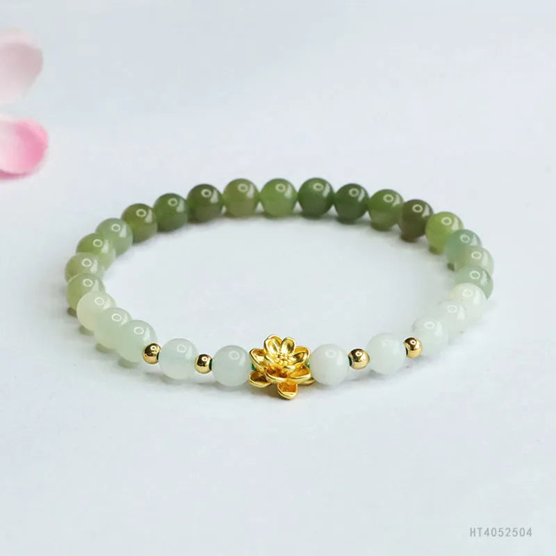 Hand-woven Hetian jade bracelet with 6mm flower beads showing sunshine water gradient colour