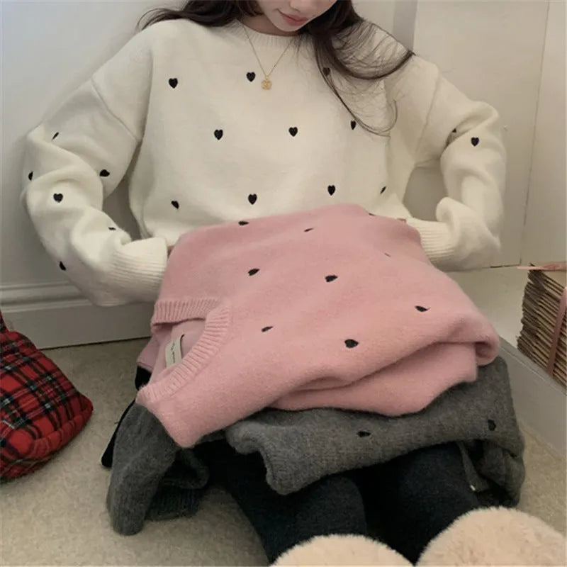 Women's loose fit acrylic pullover sweater with love pattern embroidery in milky white colour