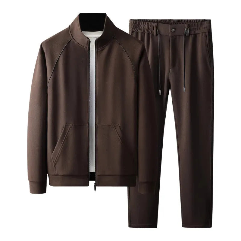 Men's slim fit stand collar sports suit set in polyvinyl alcohol fibre, shown in coffee or black colour.