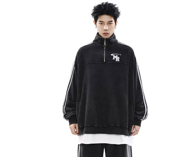 Black retro sports hoodie with stand collar in Hong Kong style design
