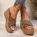 Cross leopard plaid wedge sandals in casual plastic design with rubber soles