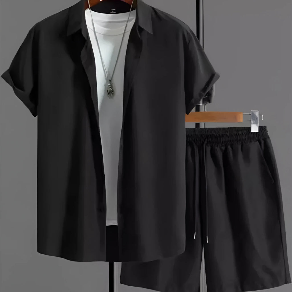 Men's black and white suit shorts set with short sleeve shirt and matching shorts