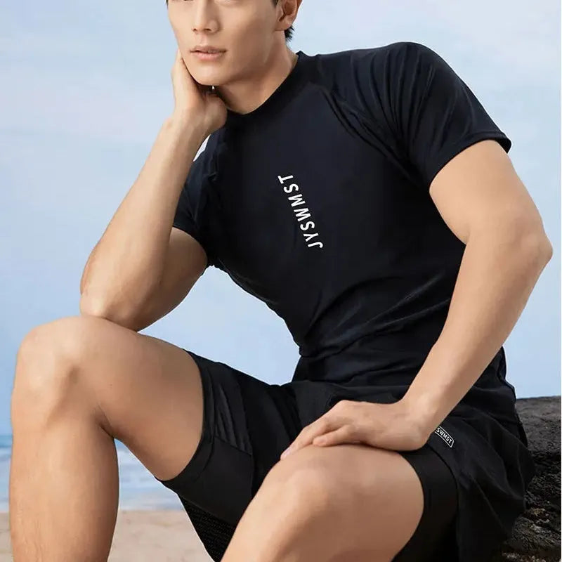 Men's two-piece swimsuit set with matching top and trousers in plus sizes