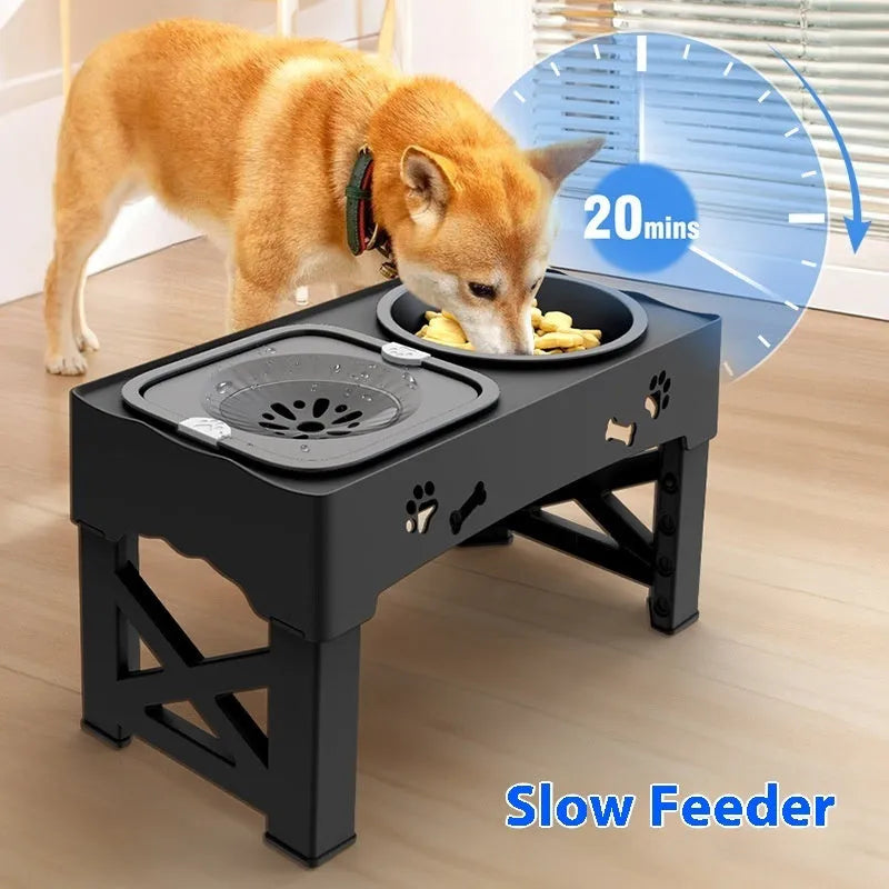 Pet stainless steel double bowl integrated lifting dog feeder in black and gray with silicone base on floor
