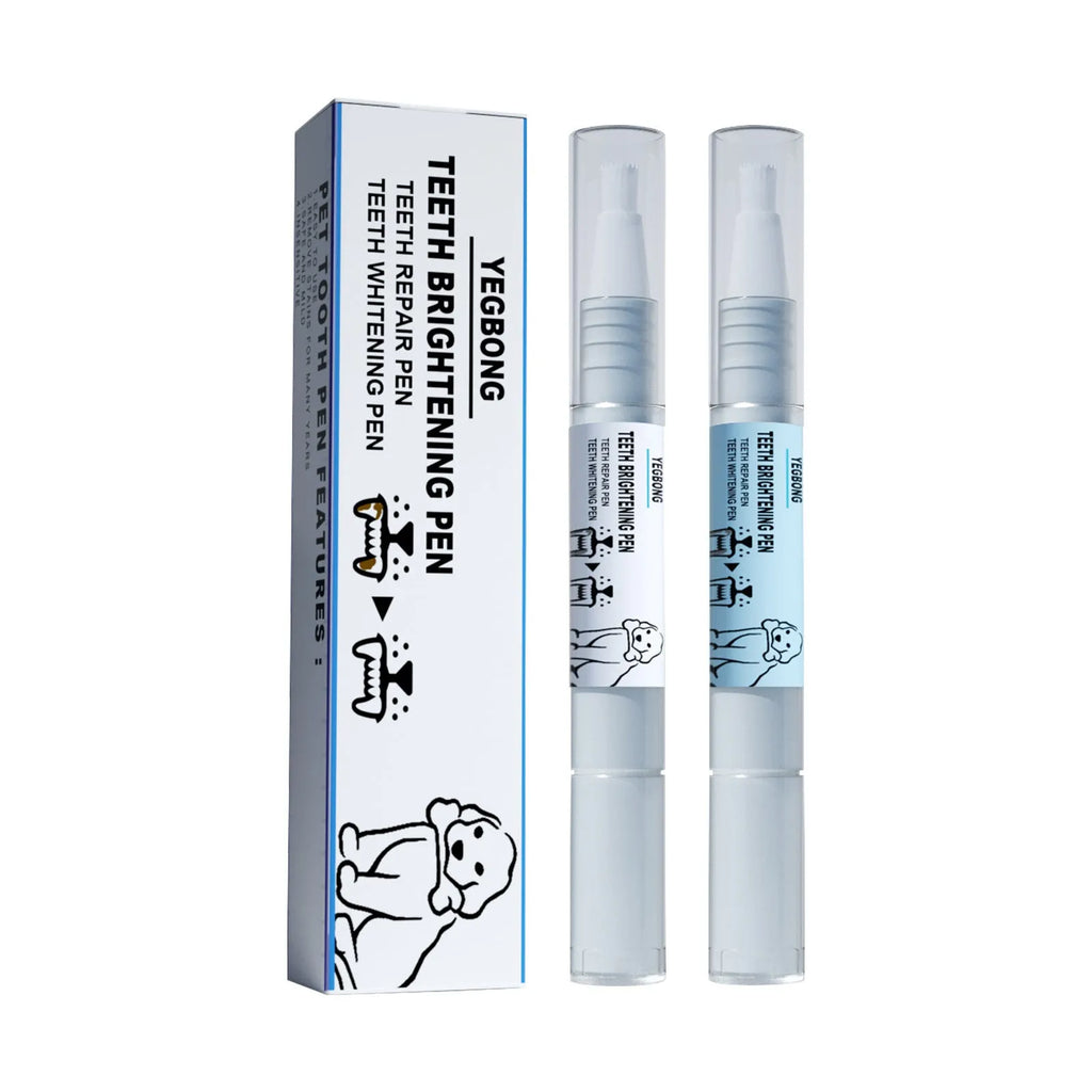 Yegbong pet teeth whitening pen kit with two 3ml pens and two dental brushes.