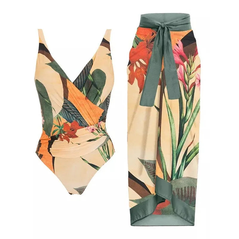 Women's solid colour spaghetti strap one-piece swimsuit with a matching skirt.