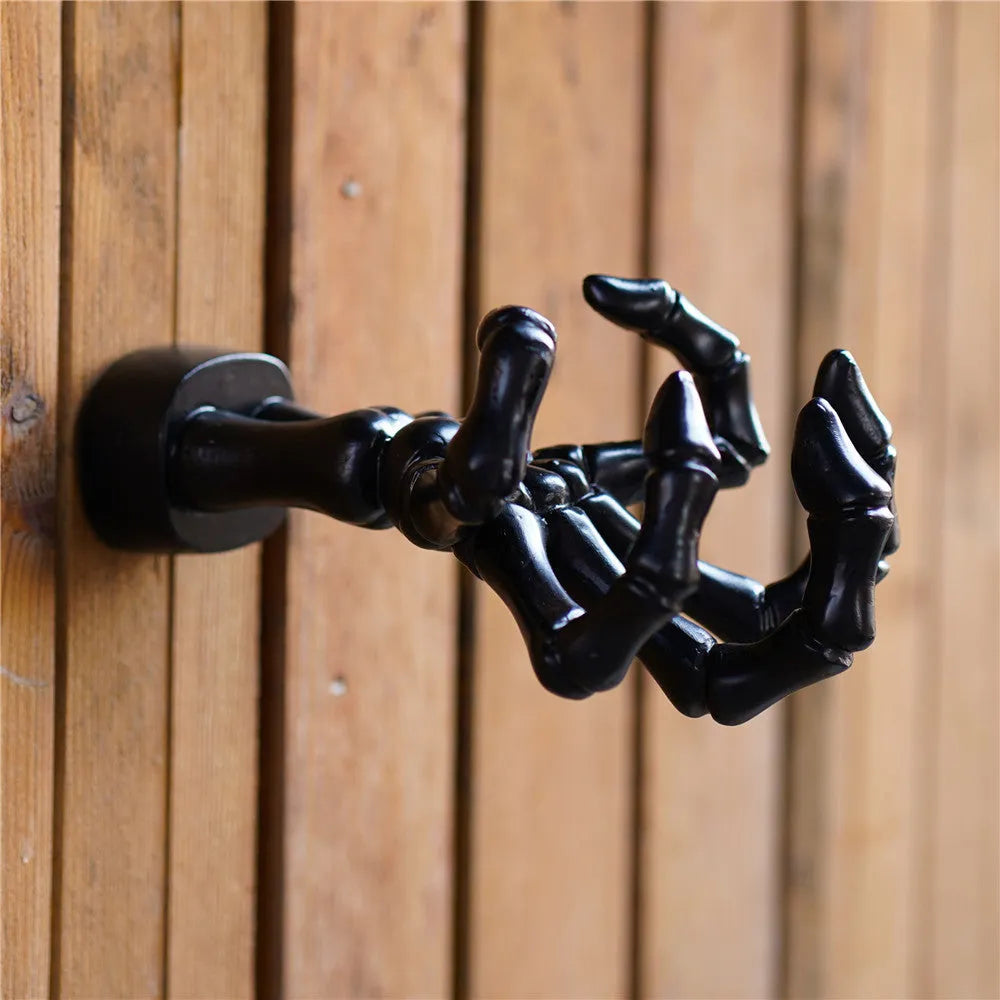 Black resin skeleton hand wall hook, single storage hook for coats, bags, keys and pendants, 20.2 cm long