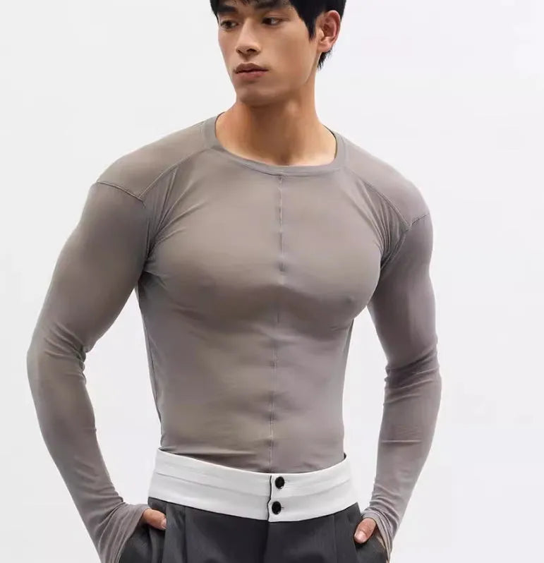 Black mesh texture slim-fit women's pullover top with long sleeves and round collar