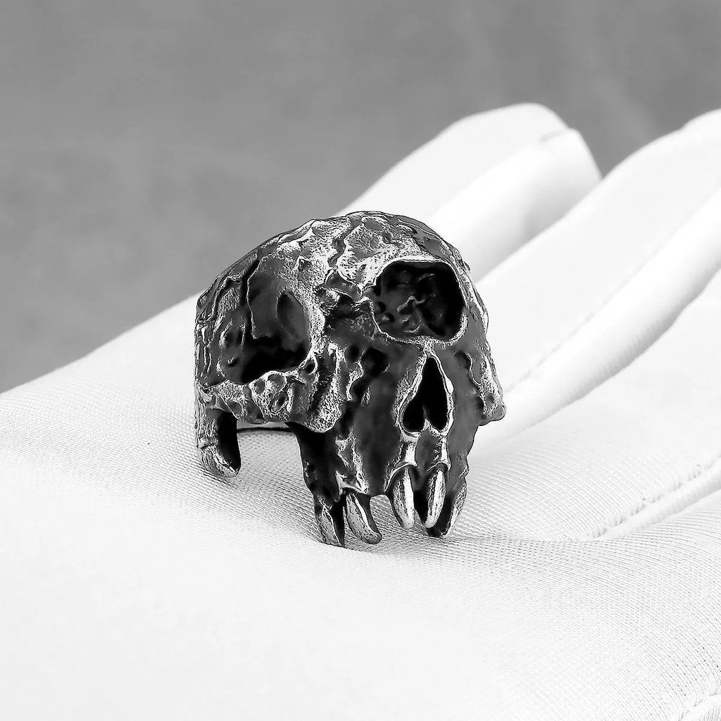 Alloy ring with electroplated finish showing one-eyed skull design in retro punk style