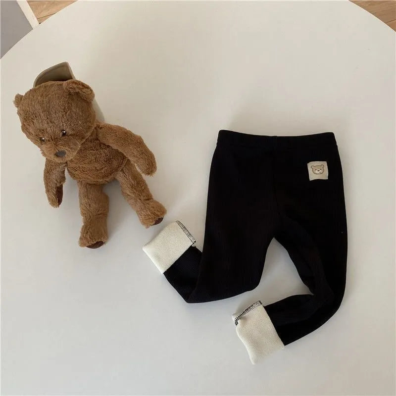Girls' Korean style fleece-lined leggings in high waist design with elastic band