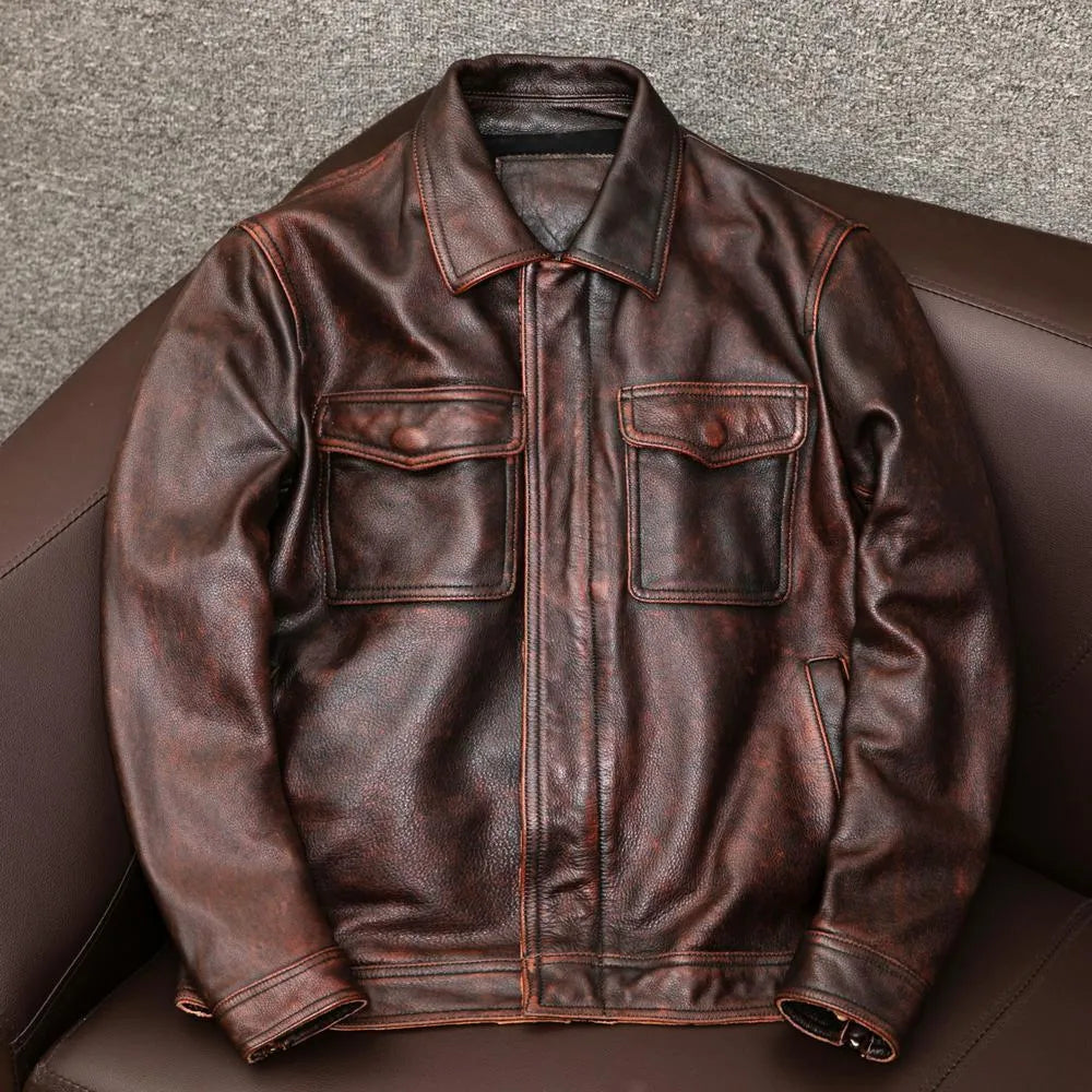 Men's black retro Kaji style PU leather jacket with side seam pockets and loose fit