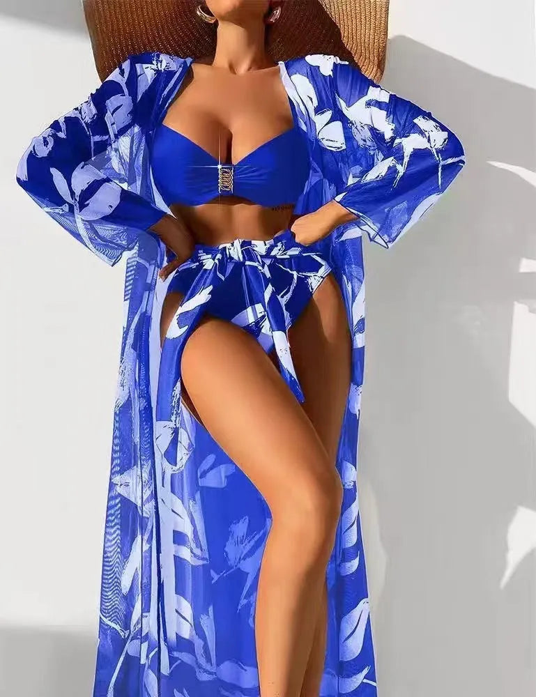 Women's three-piece printed swimsuit set with long shirt, high-waist panties, and bikini top in black