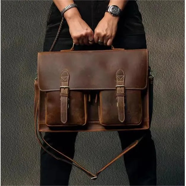 Top cowhide leather computer crossbody bag in black coffee colour with anti-theft expansion