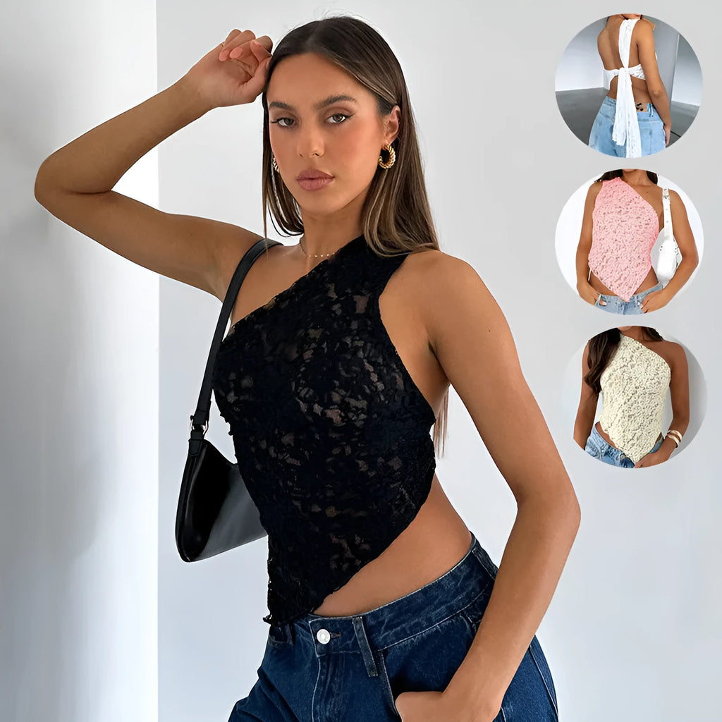 Women's apricot sleeveless vest with lace detail on back and asymmetrical neckline.