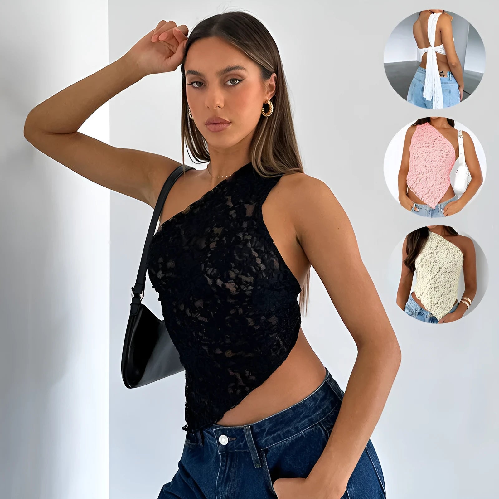 Women's apricot sleeveless vest with lace detail on back and asymmetrical neckline.