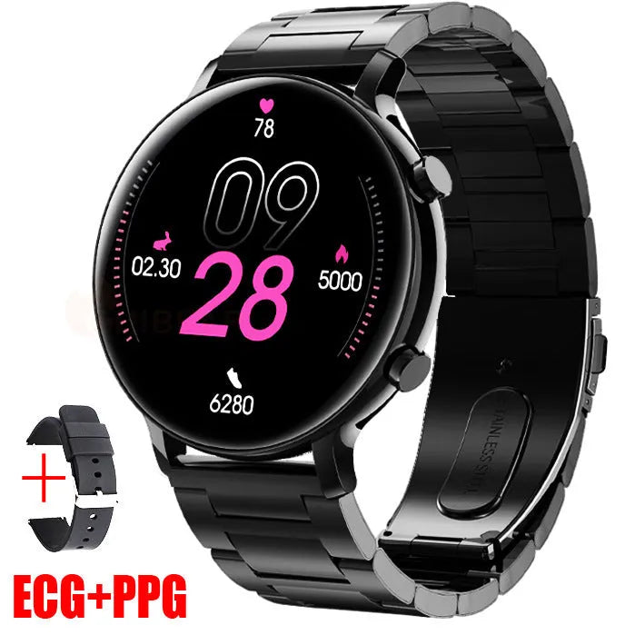 Black Bluetooth smartwatch with stainless steel strap showing call screen and health metrics